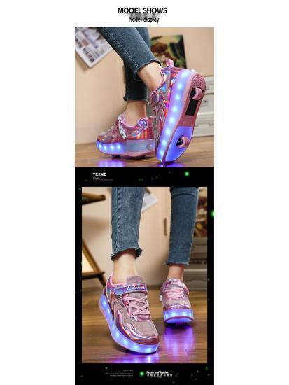 Children's Purple and White Convertible Four-Wheel Roller Shoes with Double-Wheel Hidden Skates