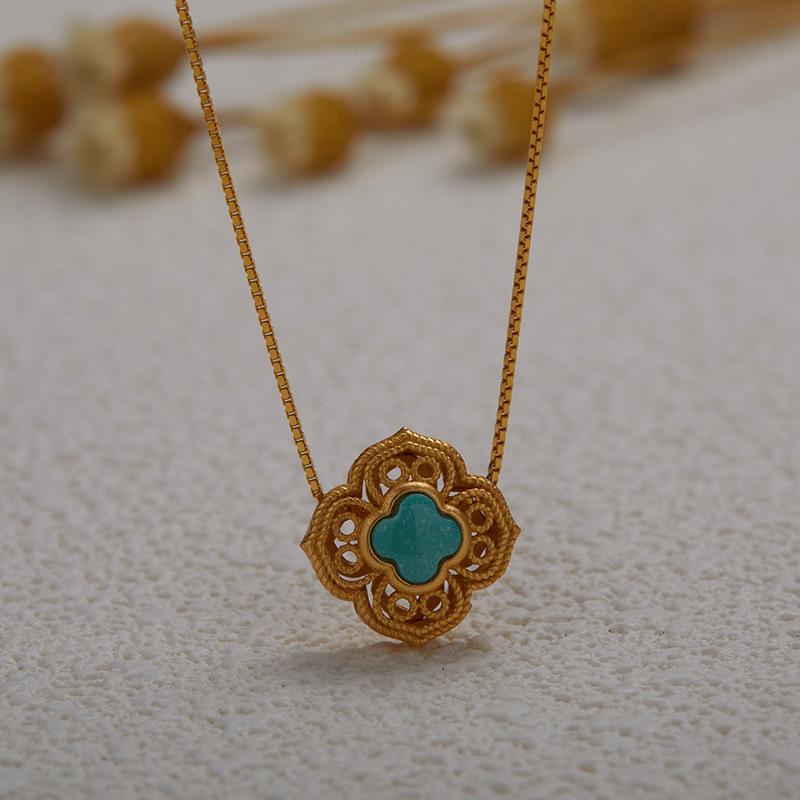 Ancient Gold Craft S925 Sterling Silver Natural Chalcedony Turquoise Treasure Necklace Women'S Fashion Design Versatile Pendant