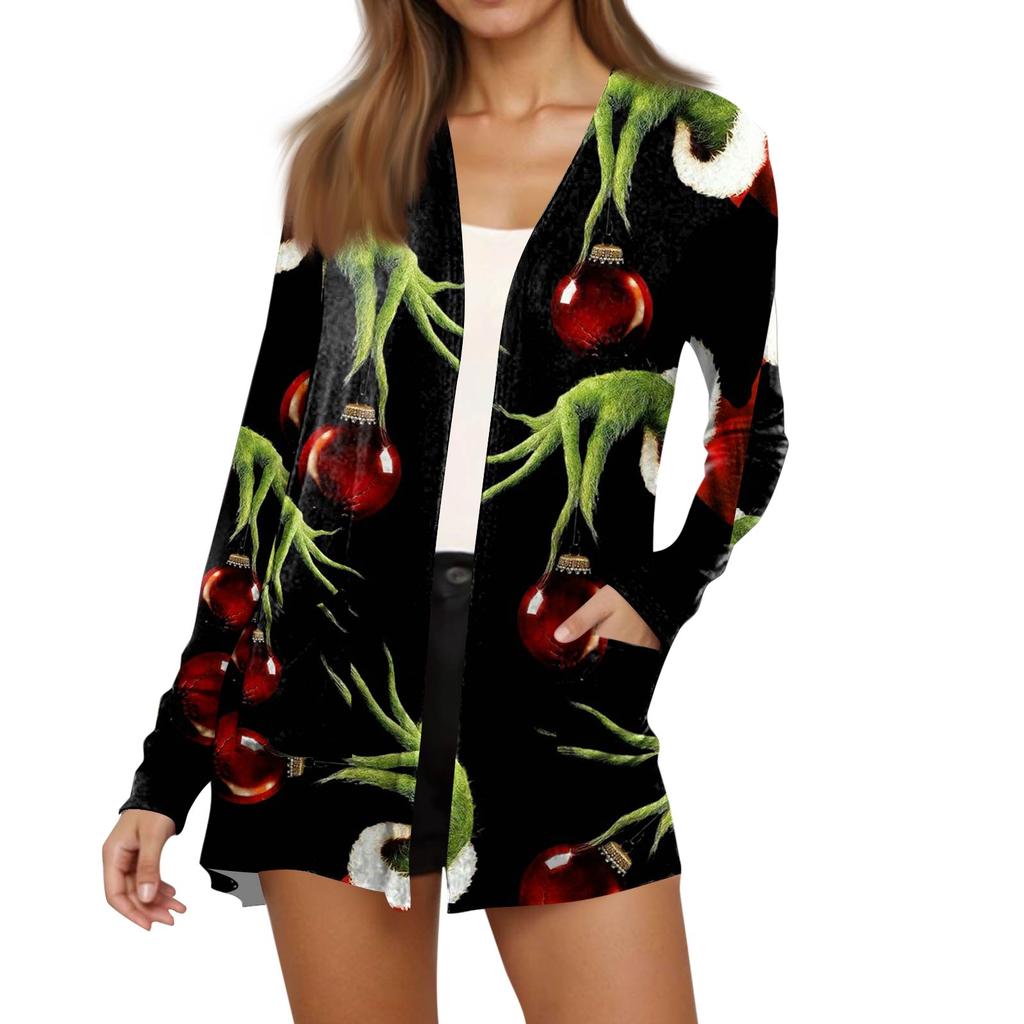 Women's Fashion Christmas Print Long-Sleeved Pocketed Slim-Fit Cardigan Coat