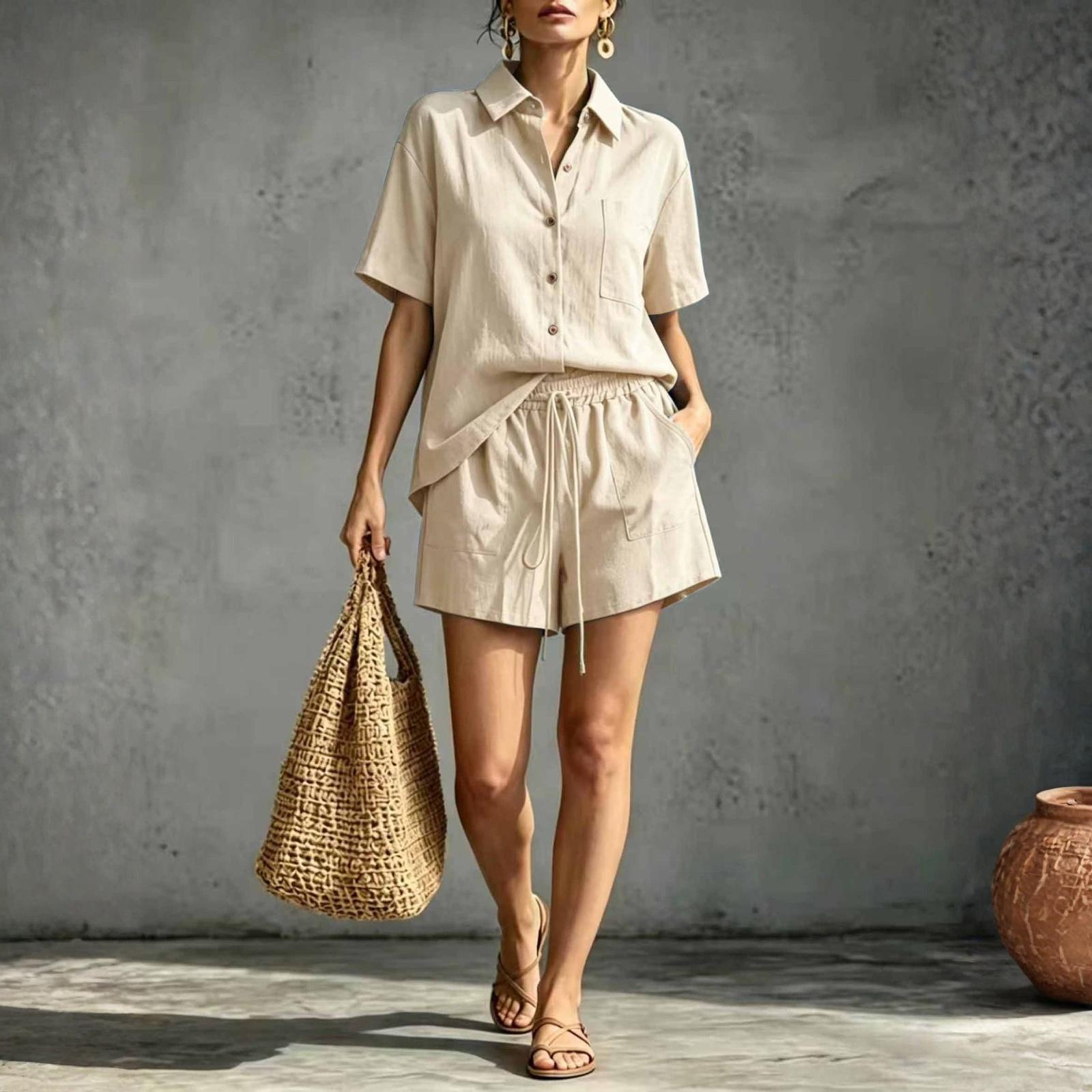 

Linen Sets For Women 2 Piece Short Sleeve Button Down Shirt And Shorts Casual Comfy Cotton Outfits L бежевый