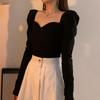 Vintage Square Collar Puff Sleeve Women Blouse Black Sexy Elegant Temperament Long Sleeve Top Spicy Girl V-neck Casual Ssummer