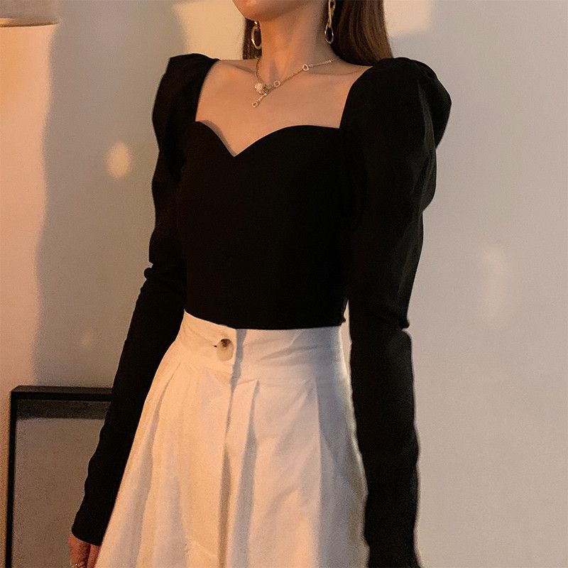 Vintage Square Collar Puff Sleeve Women Blouse Black Sexy Elegant Temperament Long Sleeve Top Spicy Girl V-neck Casual Ssummer