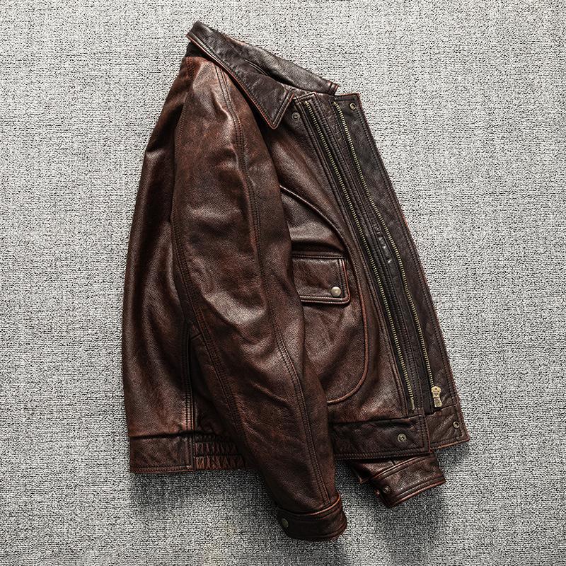 Retro Washing and Old Head Layer Cowhide Leather Genuine Leather Jacket for Men's Lapel Short Slim Leather Jacket