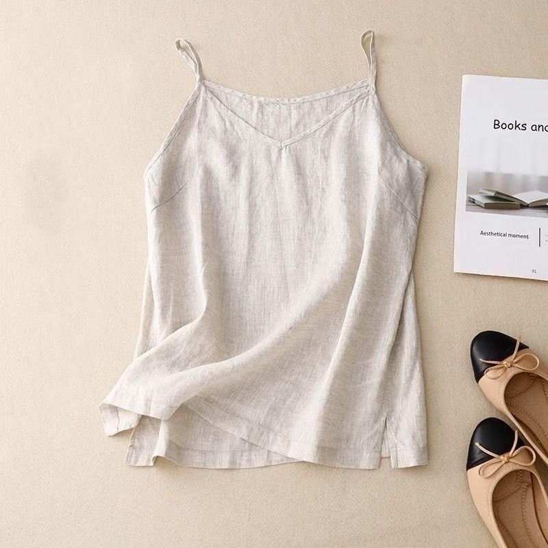 Female Summer Lightweight Cotton-Linen Layering V-Neck Spaghetti-Strap Tank Top: Sleeveless Cotton-Linen Boho-Style Top