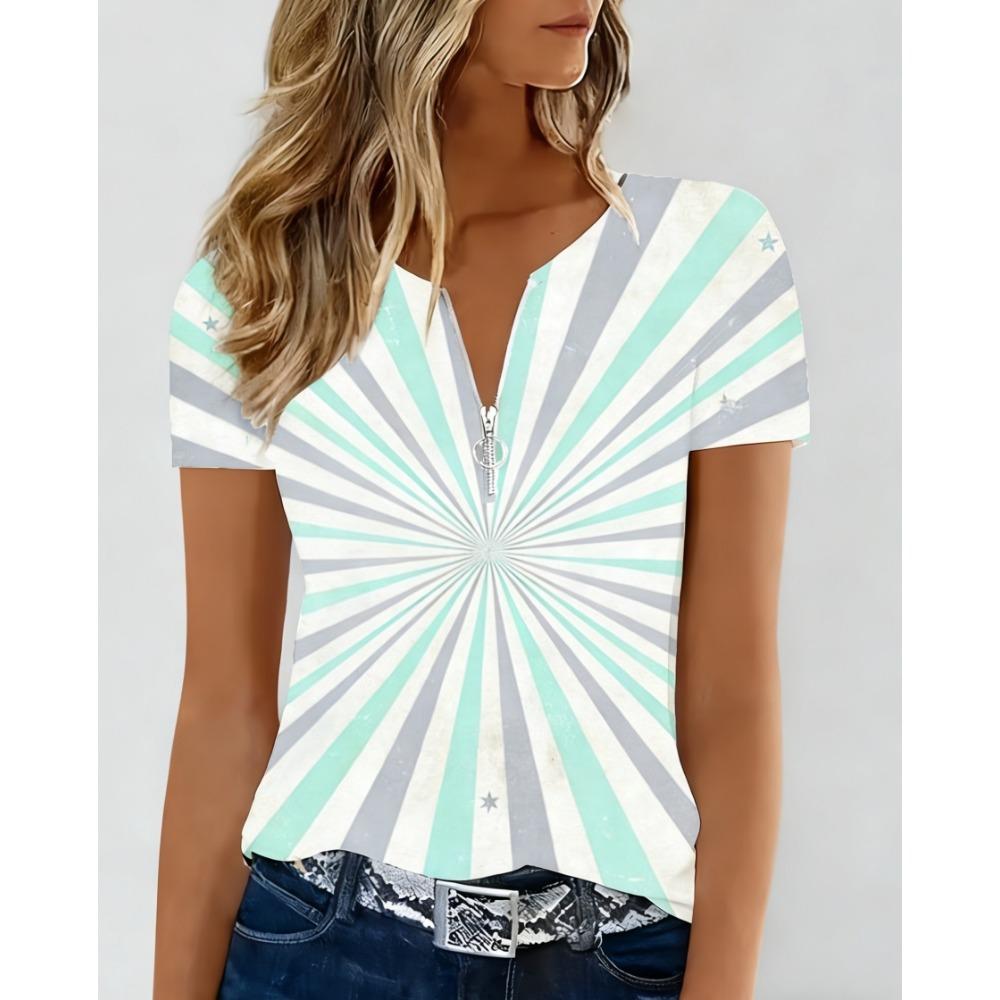 

Fashionable and Elegant Zipper V-neck Color Blocked Printed T-shirt, Plus Size Women s Short Sleeved Summer Loose T-shirt L