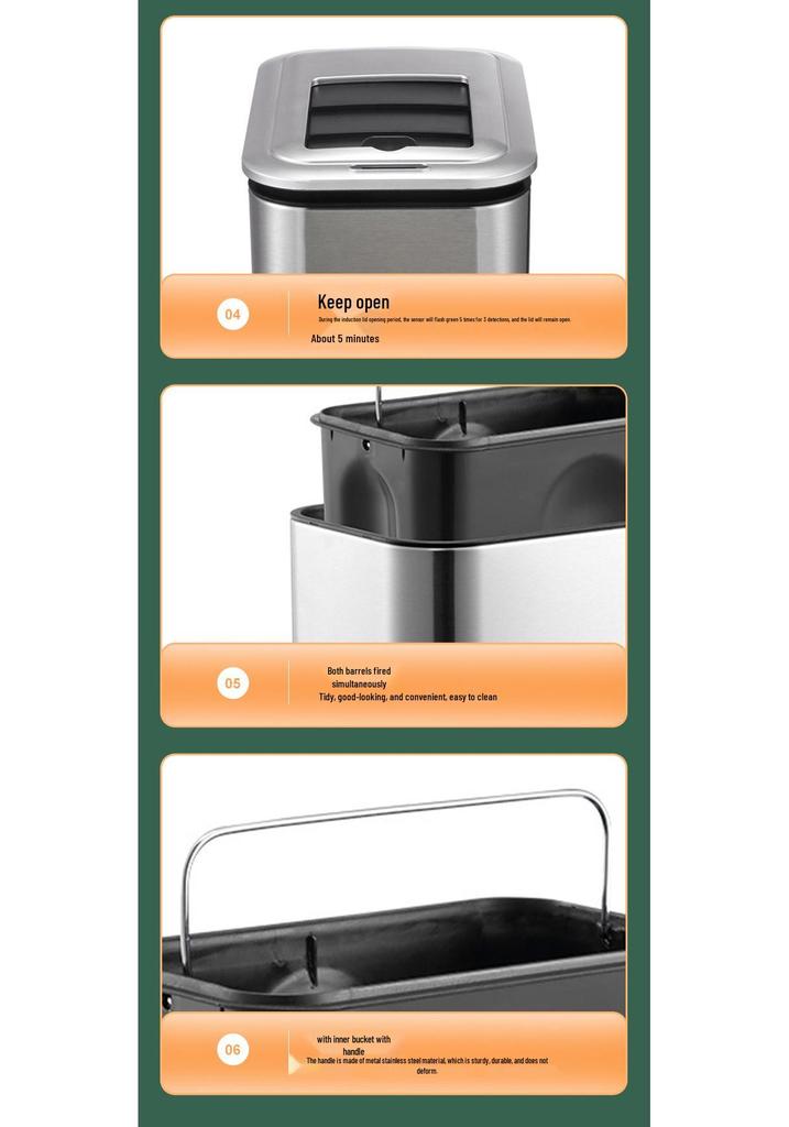 Xile Bang Smart Stainless Steel Trash Can for Kitchen, Bathroom & Living Room with Induction Lid