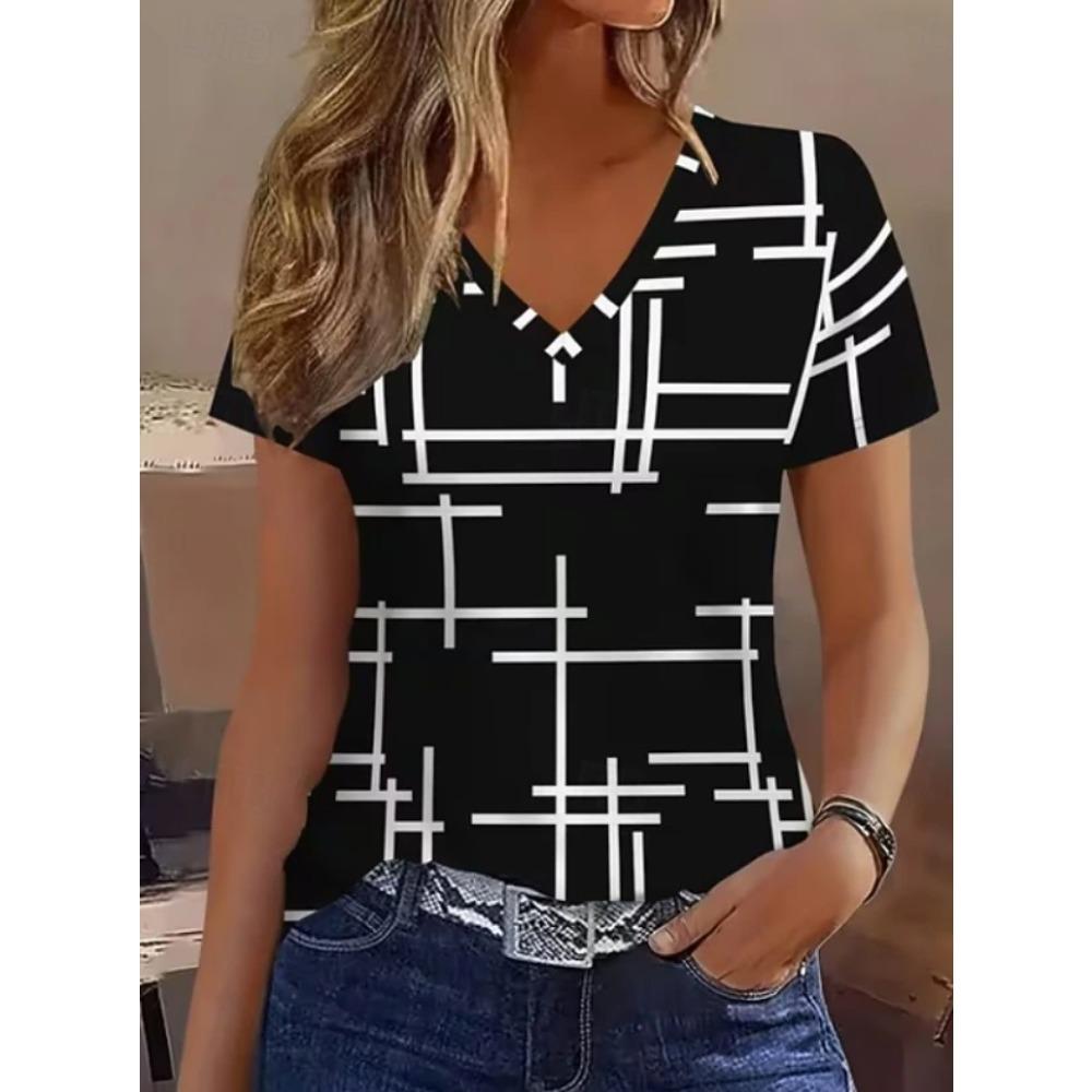 Women Summer T Shirt Geometric Pattern Print Short Sleeve Tees Casual Printed Tops