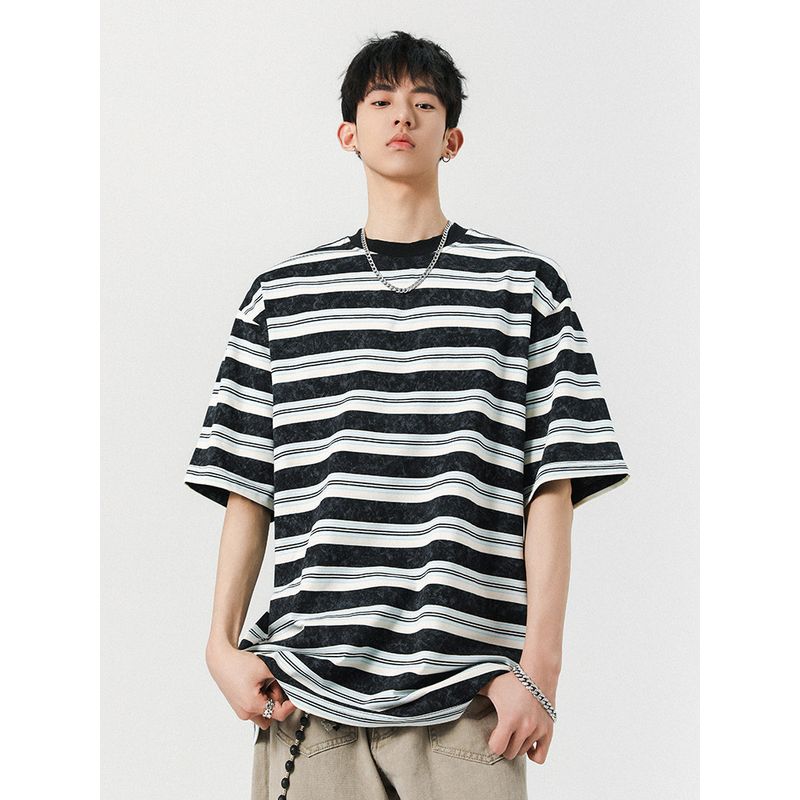 Wassup Trendy Japanese Style Color-Block Striped Short-Sleeve T-Shirt for Men, Summer Loose Fit Versatile Trendy Tee Men's Half-Sleeve Top
