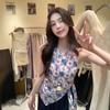 French Design Floral Plaid Neck Sling Vest Women's Summer Wear Unique and Beautiful Off-the-shoulder Back Top