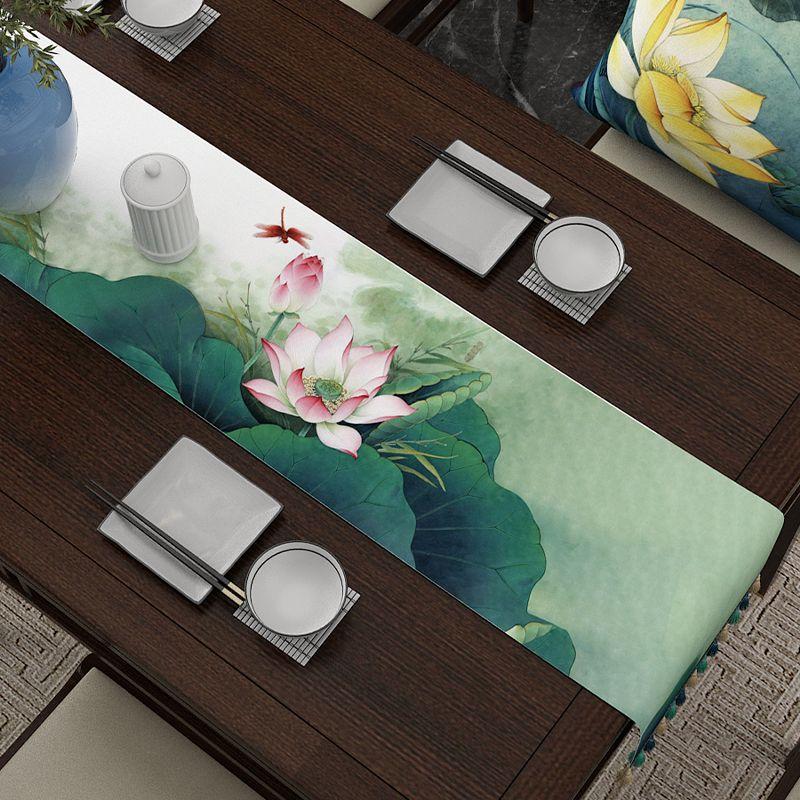 

Table Runner Tablecloth Coffee Table Dining Table TV Cabinet New Chinese Style Bed Runner Lotus Linen Table Cloth Dust Cloth Fabric Table Towel A Custom size Consulting customer service