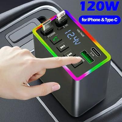4-in-1 120W Fast Charge Retractable Cable Car Charger USB Car Phone Charger with FM Bluetooth MP3 Transmitter Colorful Light Built-in Media Player