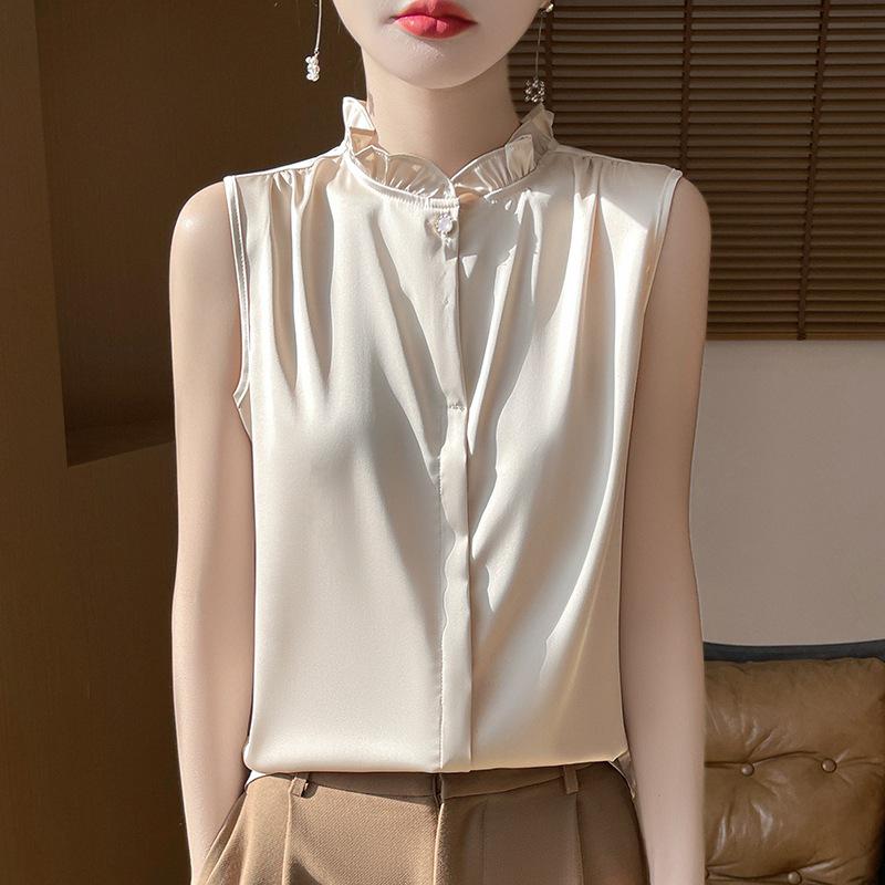 Elegant Satin Stand Collar Sleeveless Layered Shirt for Women