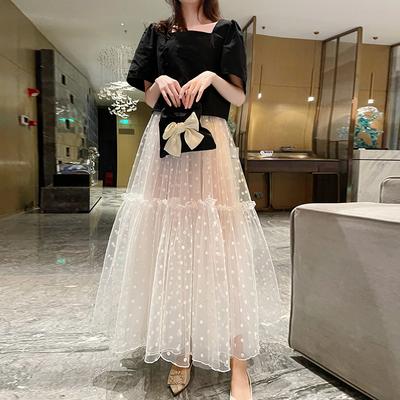 2025 New High-end Flocking Polka Dot Skirt Women's Medium and Long High-waisted Thin Pendulum Cake Foreign-style Mesh Skirt