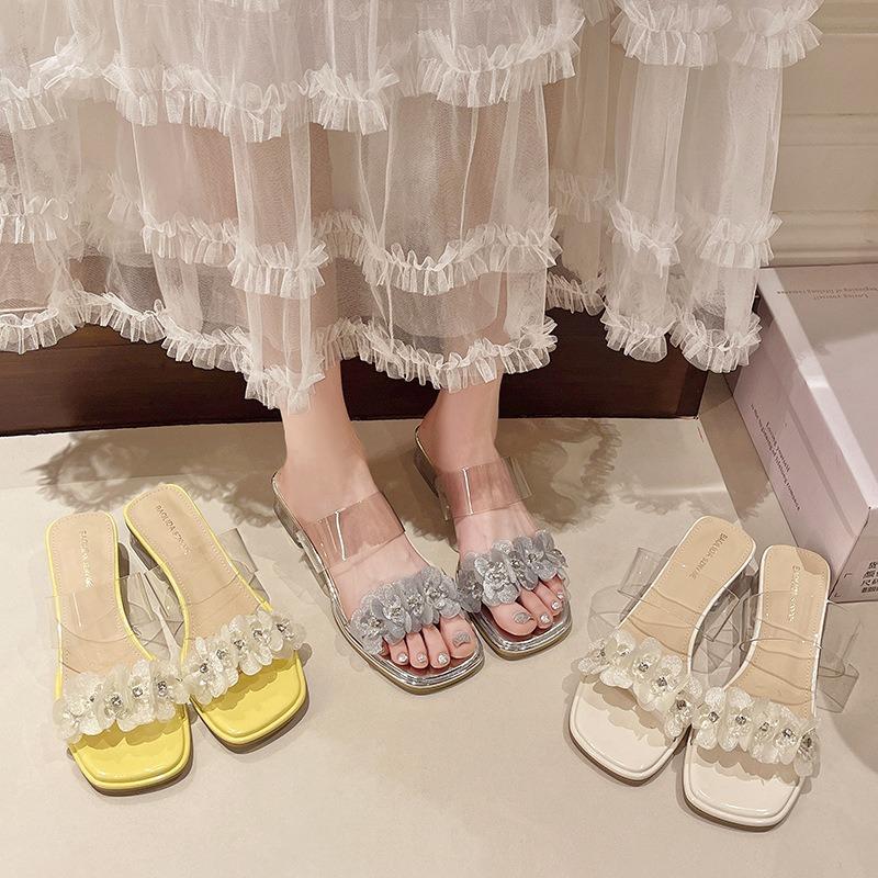 Transparent with Crystal Heel Cool Slippers New Summer French High-heeled Flower Rhinestone Sandals