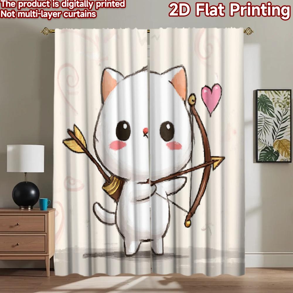 2D flat printing 2pcs Window Treatment Curtains Cute cat cupid bow Digital Printed Polyester Drapes Festive Wall Decor Use for