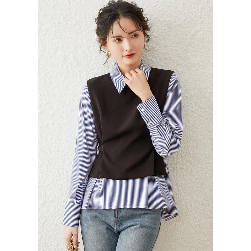 Women s Striped Spliced Pullover Lapel Shirt M