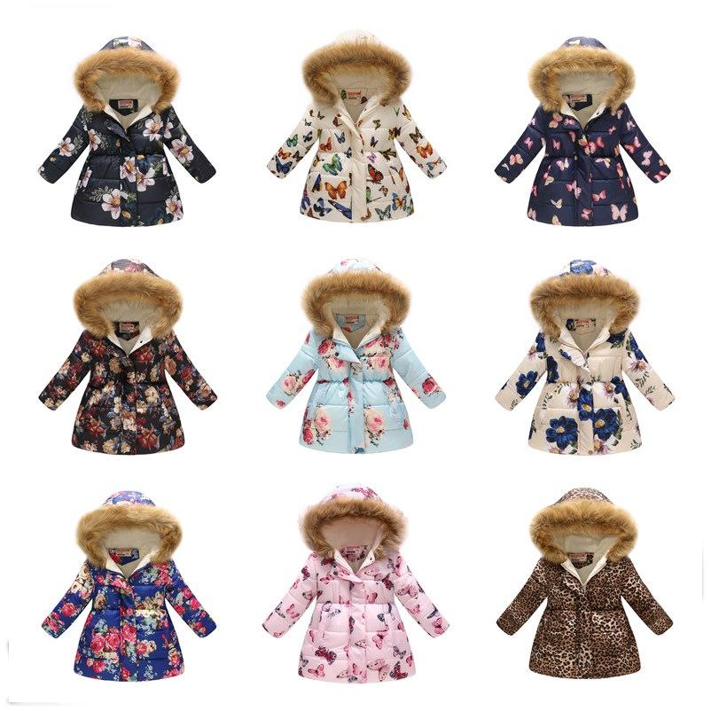 Autumn and Winter Children's Cotton Jacket Boys and Girls Fashion Printing Cartoon Big Boy Long Section Hair Collar Hooded Cotton Coat Jacket