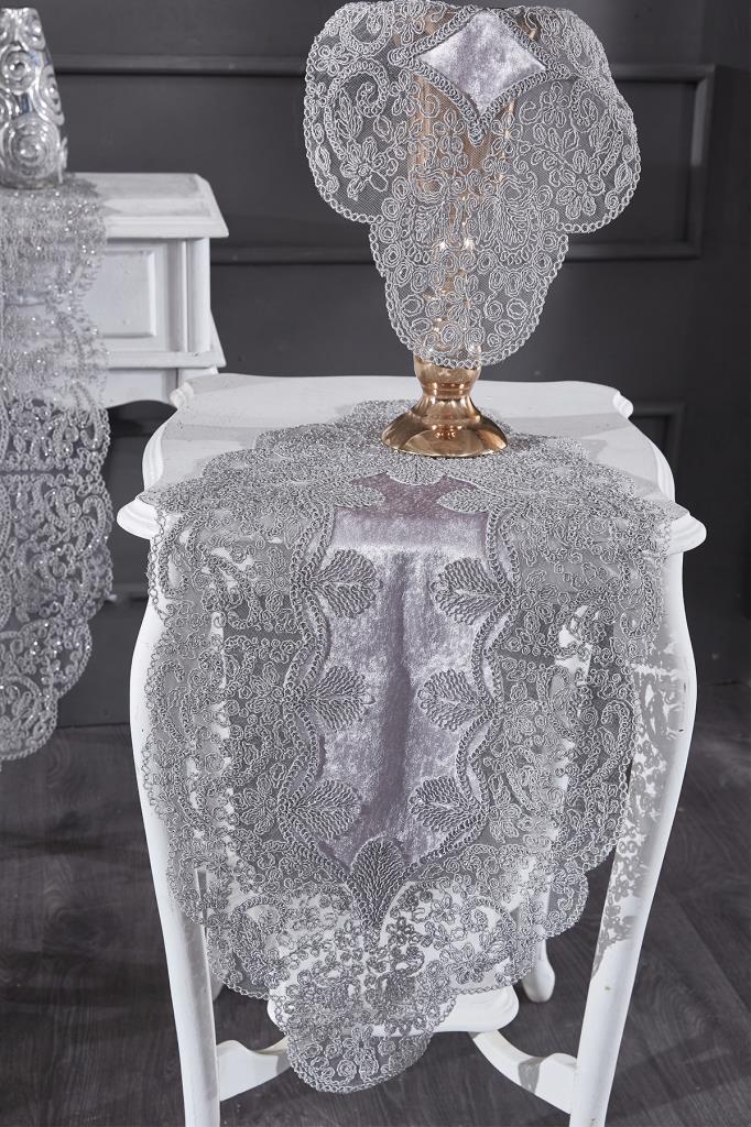 Sirma Velvet Runner Set 5 Pieces For Living Room, French Lace, Wedding, Home Accessories, Grey