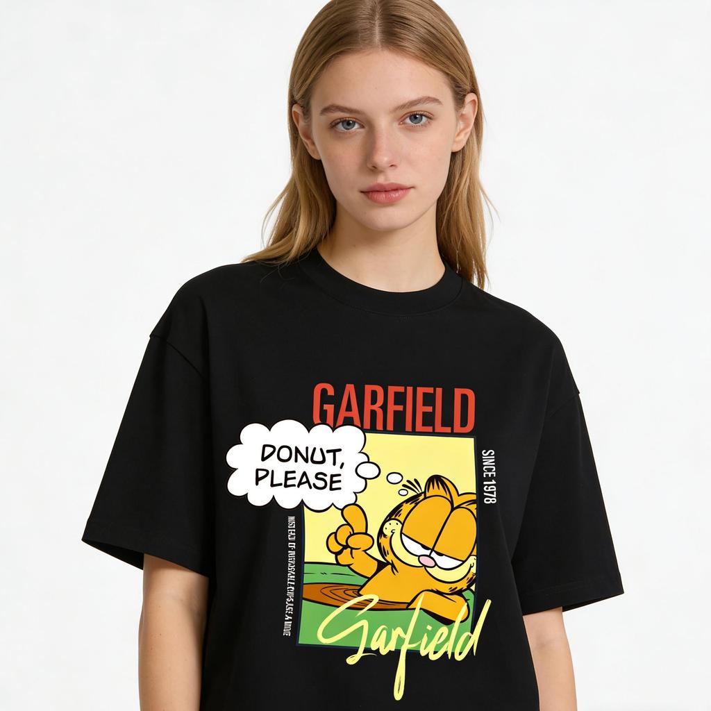 Garfield "DONUT PLEASE" Donut Funny Print Short Sleeve T-Shirt, American Streetwear Brand Heavyweight Cotton Loose Fit Oversized Couple Top
