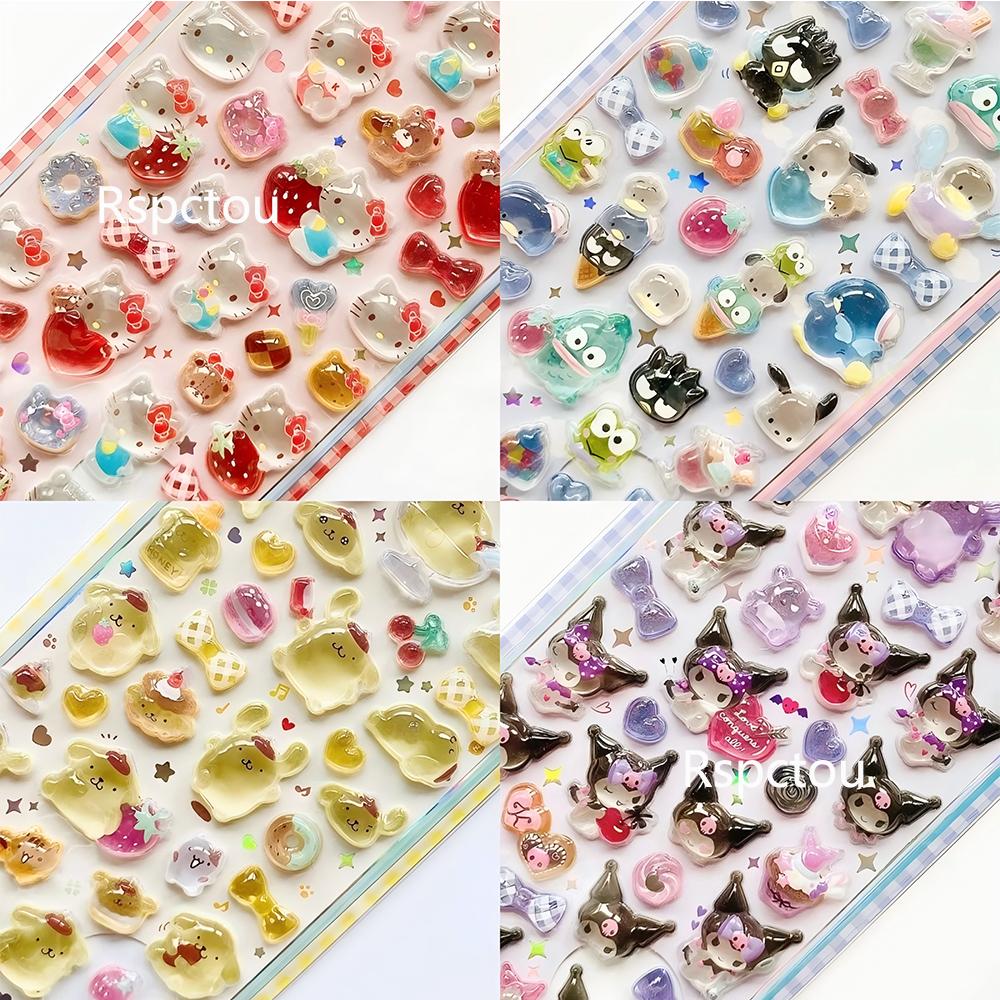 Kawaii Sanrio Cartoon Relief Stickers Cinnamoroll Kuromi Pompom Purin Melody Jelly Crystal Sticker Cute Decoration Decals Gifts