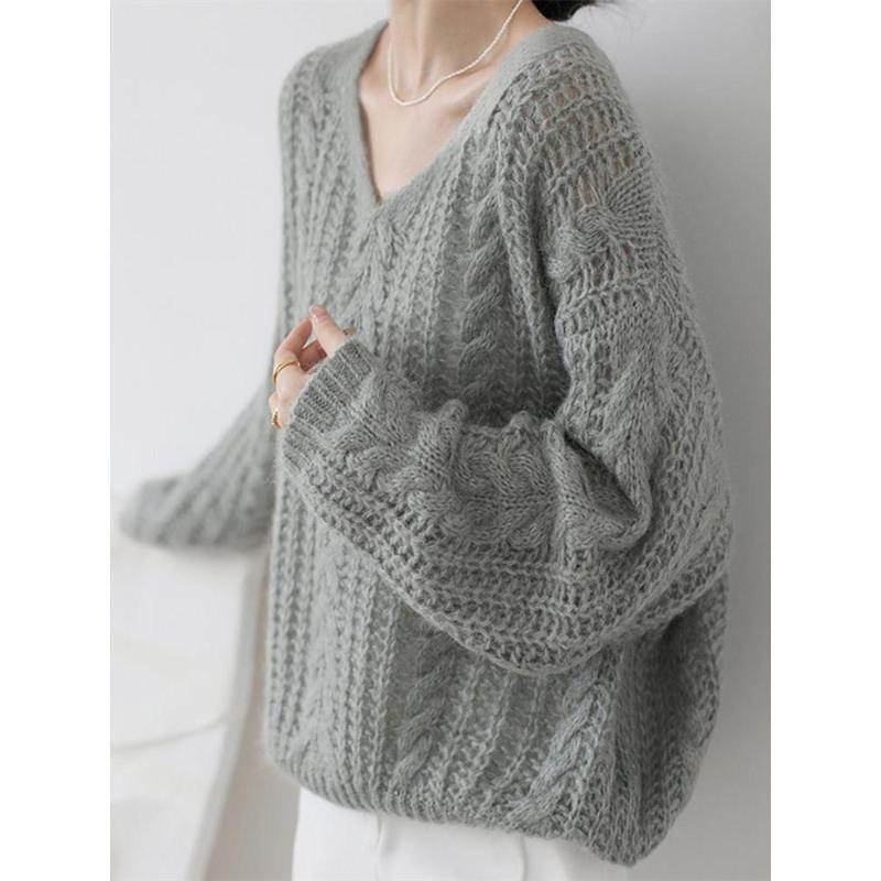 Soft waxy gentle wind sweater women's spring knitted sweater collar hollow knitted sweater lazy wind loose top tide