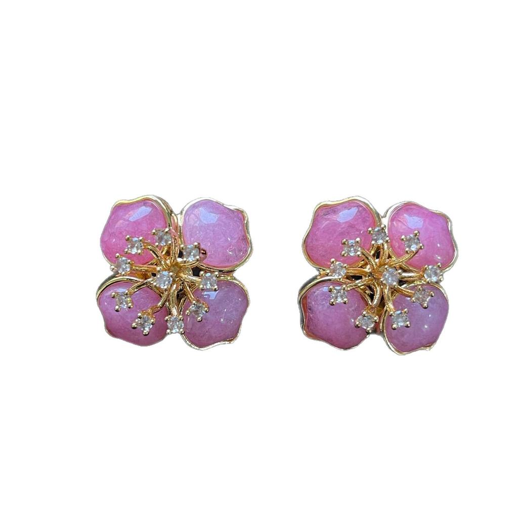 Vintage Pink Stone 925 Silver Flower Ear Studs with Diamond Inlay for Women