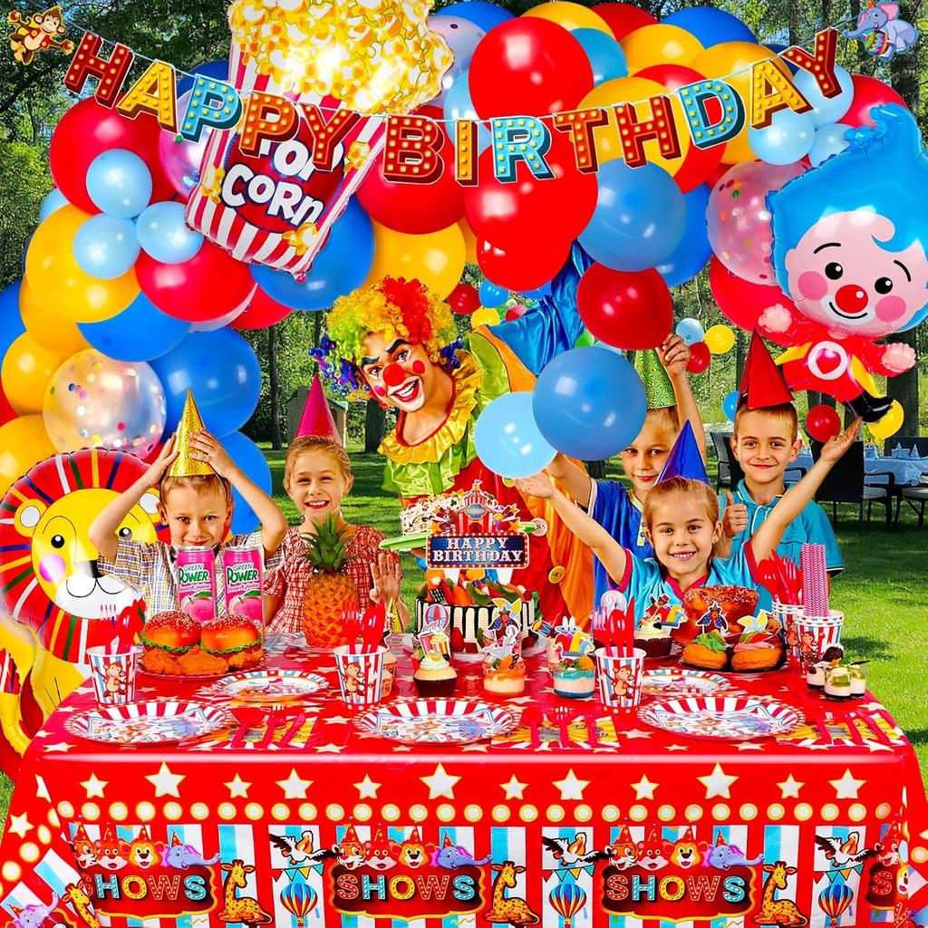Carnival Theme Party Decorations, Circus Theme Party Decorations with Carnival Balloons, Carnival Backdrop, Tablecloth, Happy Birthday Banners, Cake