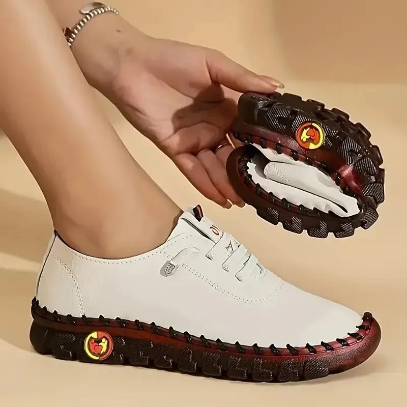 Fashion Spring and Autumn fashion paragraph Sneakers non-slip Leather Shoes for Women Comfortable Slip on  Sewing Thread
