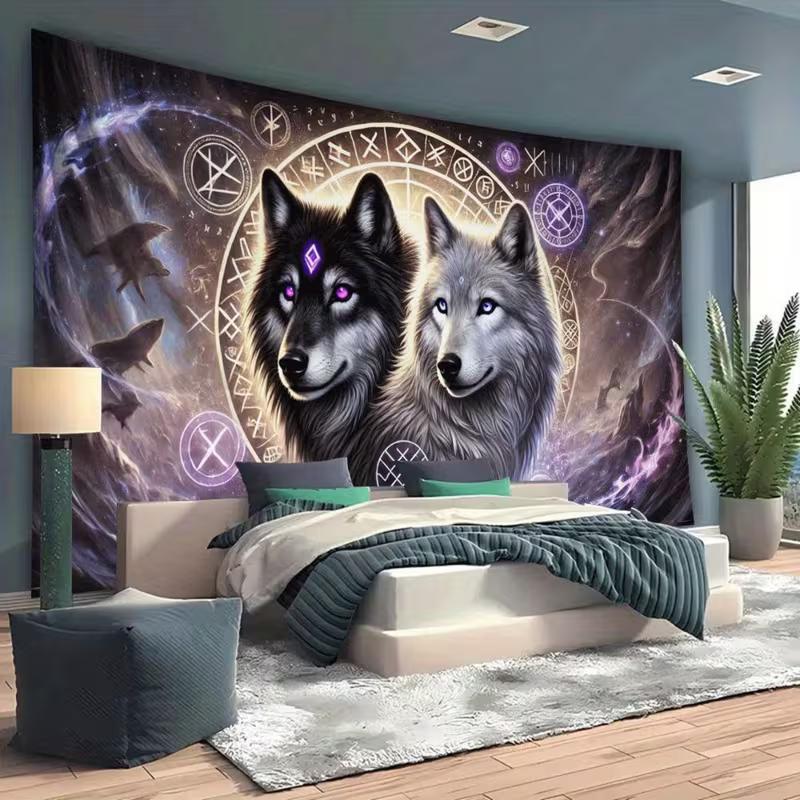 2D Mystical Wolf Tapestry, Norse Runes and Magical Wolves Wall Hanging for Bedroom 47.2x31.5inch/120*80cm