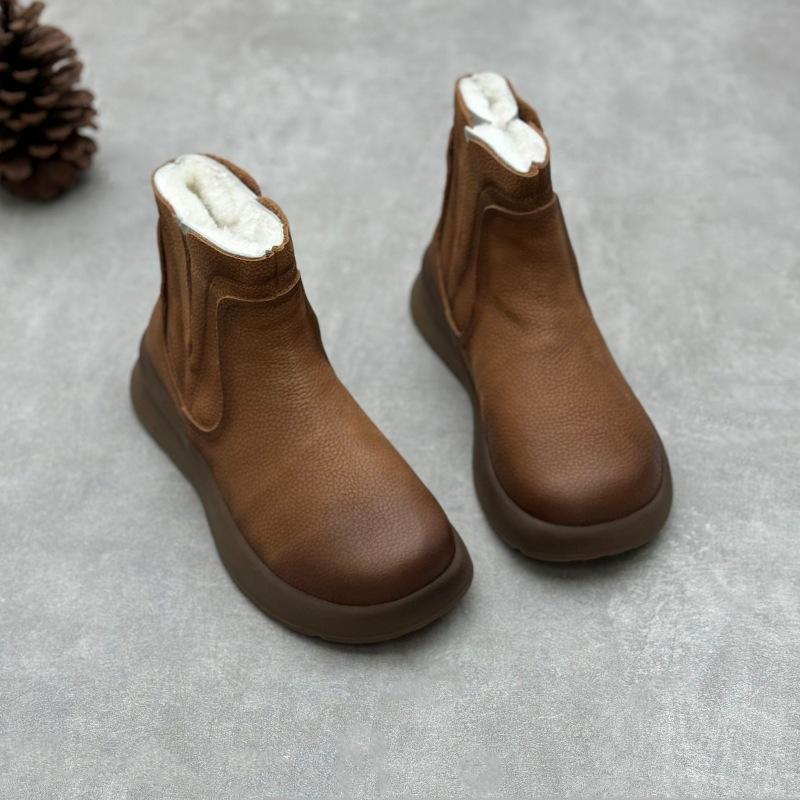 Johnature Echte Lederstiefel aus Baumwolle, handgefertigt, Retro, runde Zehenpartie, dicke Sohle, warme Wollstiefel für Damen