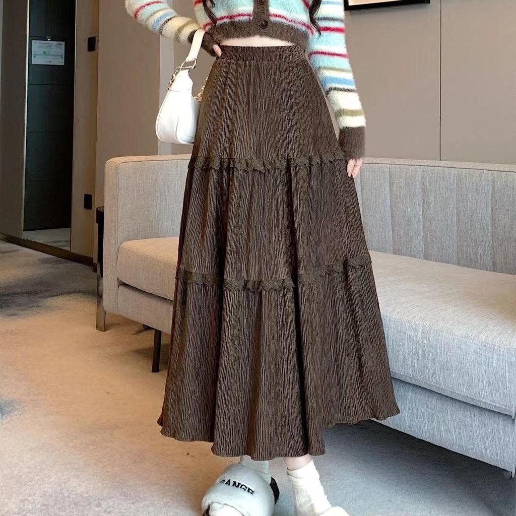 Corduroy Lace Patchwork A-line Drape Skirt for Women - Autumn/Winter 2025 Collection