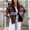 Womens Oversized Moto-Style Printed Windbreaker Jacket With Color-Block Design Stand Collar Single-Breasted Mid-Length