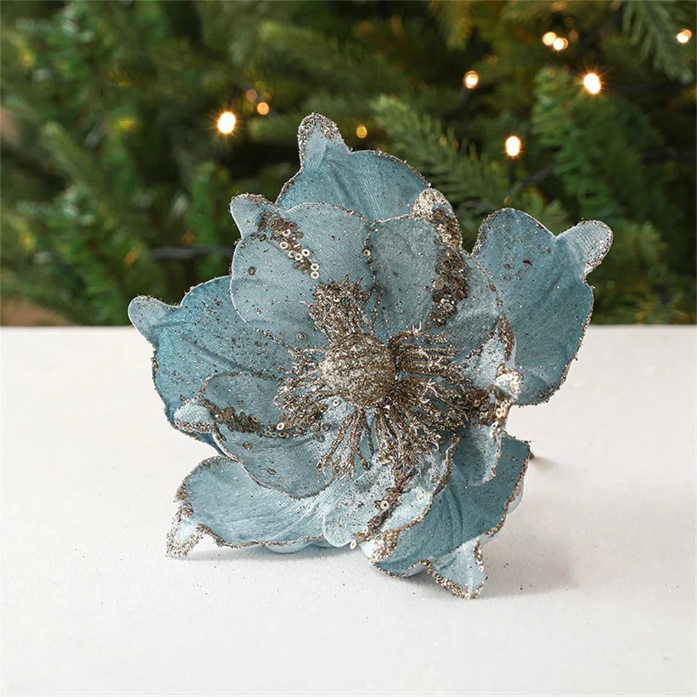 Polyester Fiber Hang Flower On Christmas Tree Sparkling Glitter Artificial Flower Ornament Decor Vibrant Mas Flowers For Gift