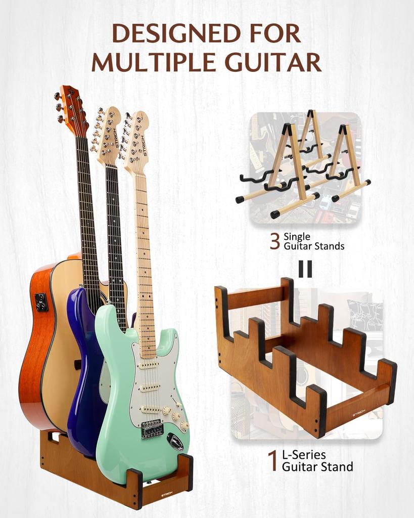 STRICH Wooden Guitar Front Mahogany Color for and Stage Use 2 Electric and 1 Acoustic L-2E1AM Floor-Mounted Stand, 3-Guitar Stand, Display,