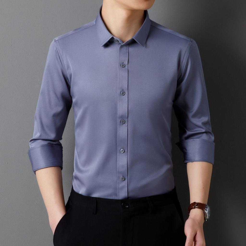 Men's Shirts, Solid Color, Four-sided Stretch Shirts, Non-iron, Slim-fit Spring and Autumn Long-sleeved, Pocket-free Shirts, Long Sleeves