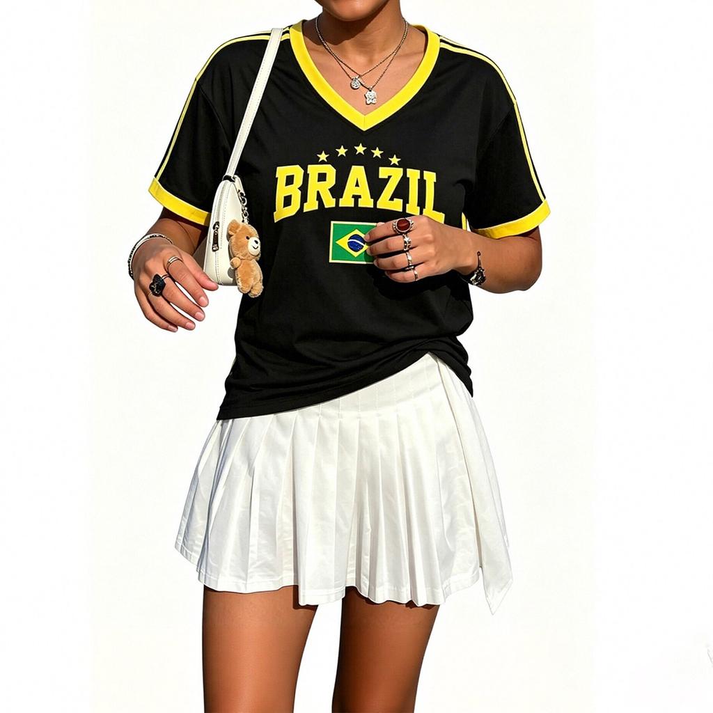 Women's V Neck Short Sleeve Mexico Soccer Jersey Top Lightweight Breathable Athletic Shirt with Printed Design and Relaxed Fit