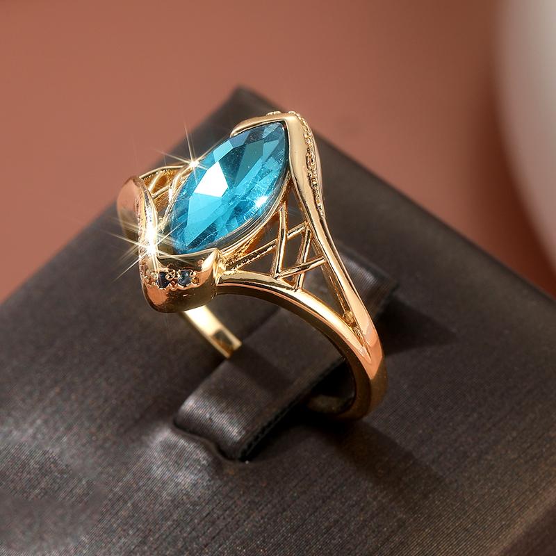 Dazzling Gold Color Inlaid Blue CZ Women's Ring Hollow Daily Wear Party Jewelry