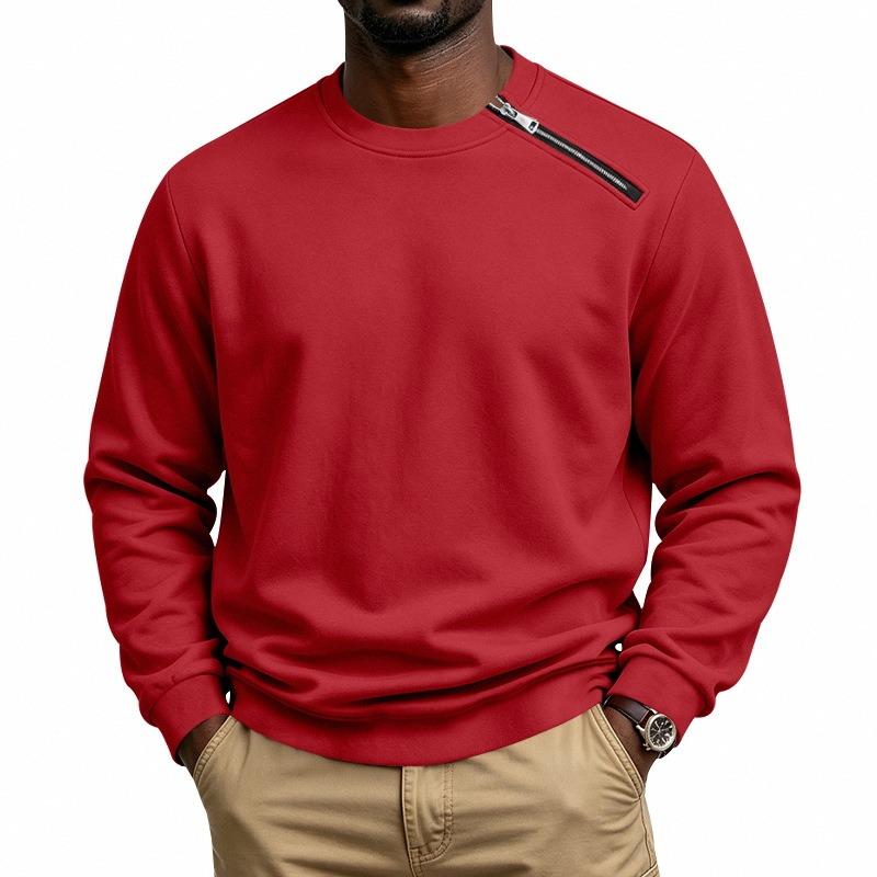 Men's Heavyweight Fleece Crew Neck Sweatshirt Diagonal Zip Pullover.