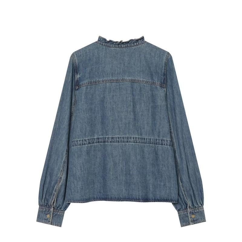 Ruffled Belt Denim Shirt Women 2026 Fall V Neck Long Sleeve Casual Top