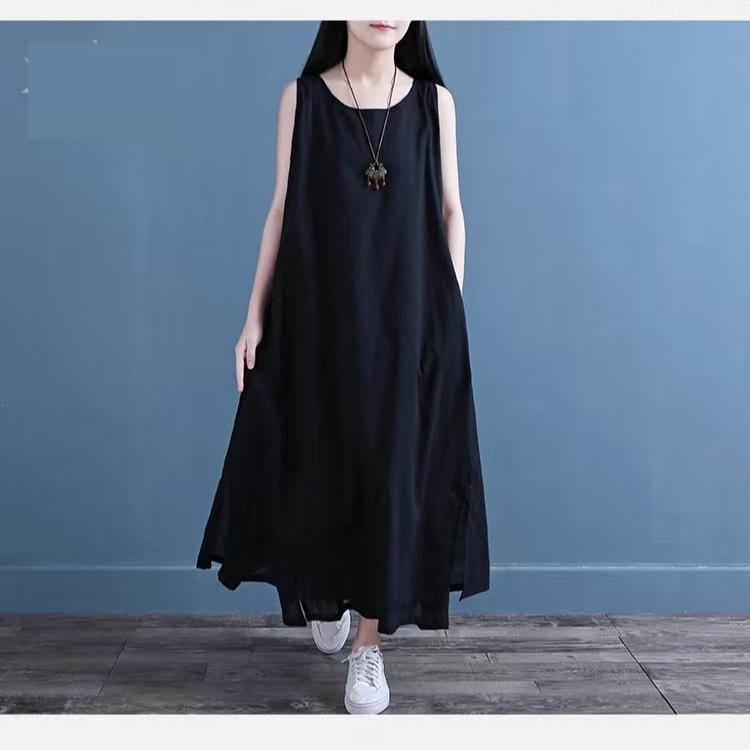 Cotton and linen vest skirt 2025 summer new fan solid color double-layer dress large size loose temperament long skirt