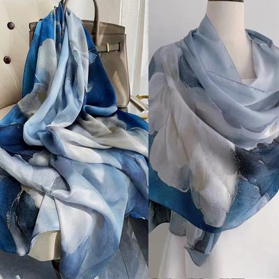 Chinesischer Stil Blau Weiß 100% Seide Blume Damen Schal Tuch Dufanda Herbst Winter Lange Schals Hijabs Mode Seidenschal