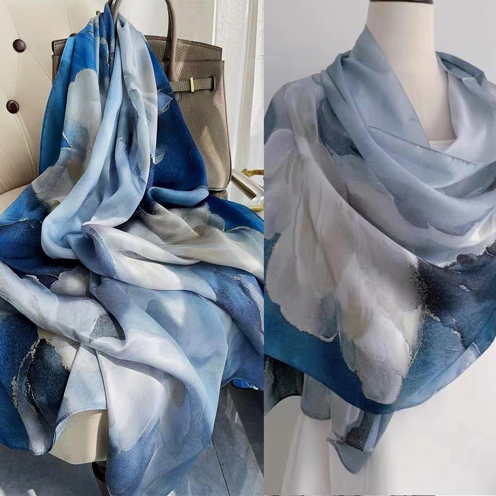 China Style Blue White 100% Silk Flower Women'S Scarf Shawl Dufanda Fall Winter Long Scarves Hijabs Fashion Silk Scarf