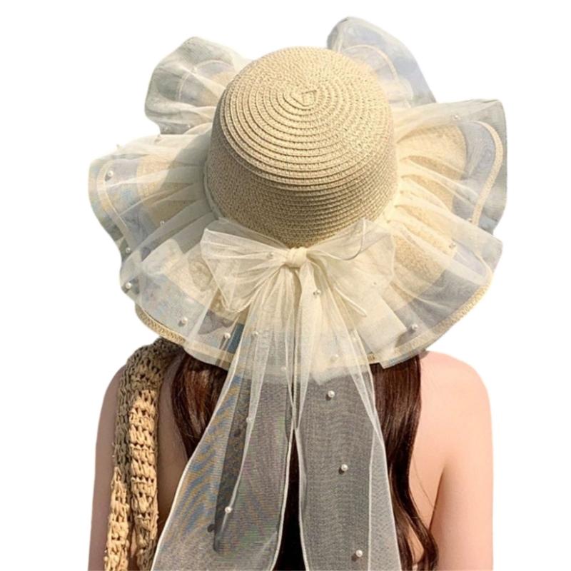 Elegant Sun Hat For Women Paper Straw Breathable And Foldable Lace Bowknot Wide Brims Panama Hat for Camping Travel