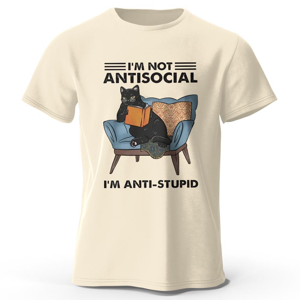 I Am Not Anti Social Cat Print T-Shirt Men's Summer 100% Cotton Oversized Funny T-Shirt Men's Women's Summer Short Sleeves