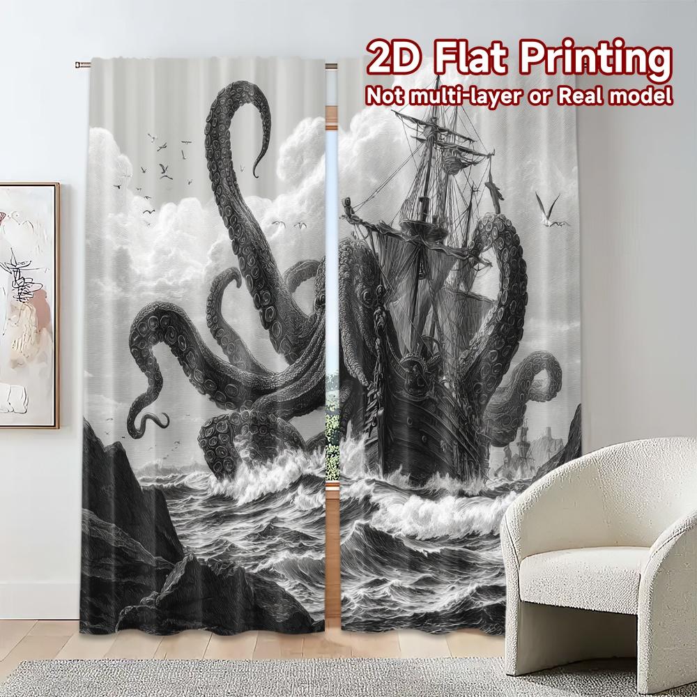 2pcs, 2D FLAT PRINTING Curtains (Without Rod) Krakens Wrath Modern Modern Curtains Polyester Easy Install Curtains Room Decor