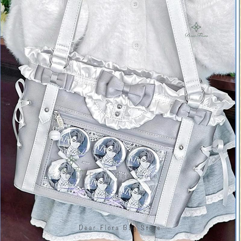 Japanese Sweet Women Ribbon Ita Bag Fashion Large Capacity Tote Bag Aesthetic Shoulder Bag Cute Lolita Girl Transparent Handbags