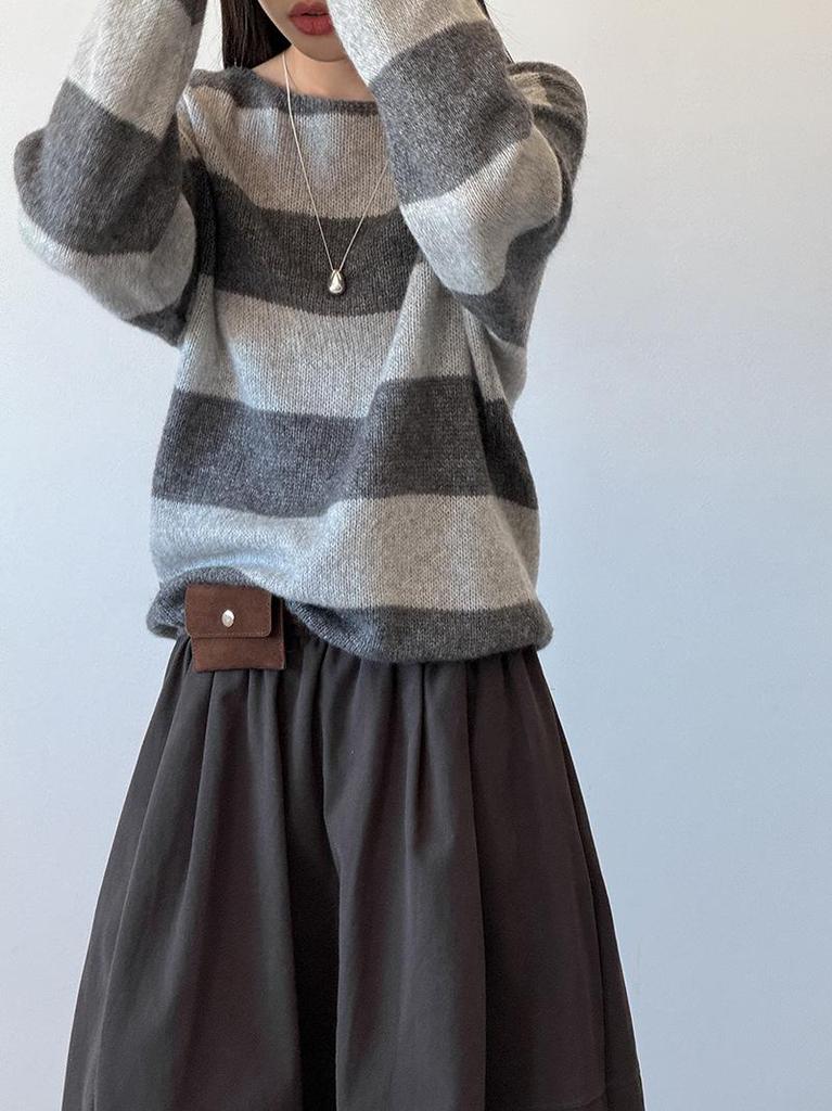 Youge Autumn Korean Striped Loose Sweater - Round Neck Pullover