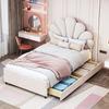 Lit Enfant Rembourré 90 x 200 cm, Tête de Lit Florale, Cadre à Lattes, avec 2 Compartiments de Rangement, Lit d'Appoint, Tissu Velours Doux pour la Peau, Beige