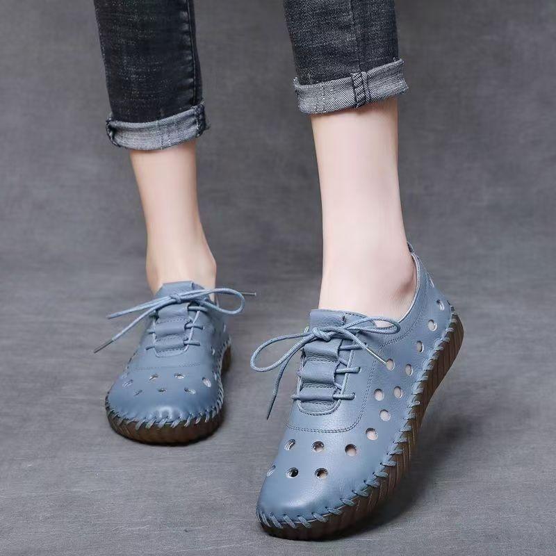 Woman's Summer Leather Hollow Out Flat Sole Shoes Round Toe Lace Up Non Slip Breathable Sandals Soft Sole Lightweight Cave Shoes