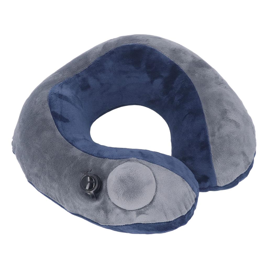 Self Inflatable Travel Pillow U Shaped Portable Neck Chain Support for Sleeping Napping Dark Blue with Gray